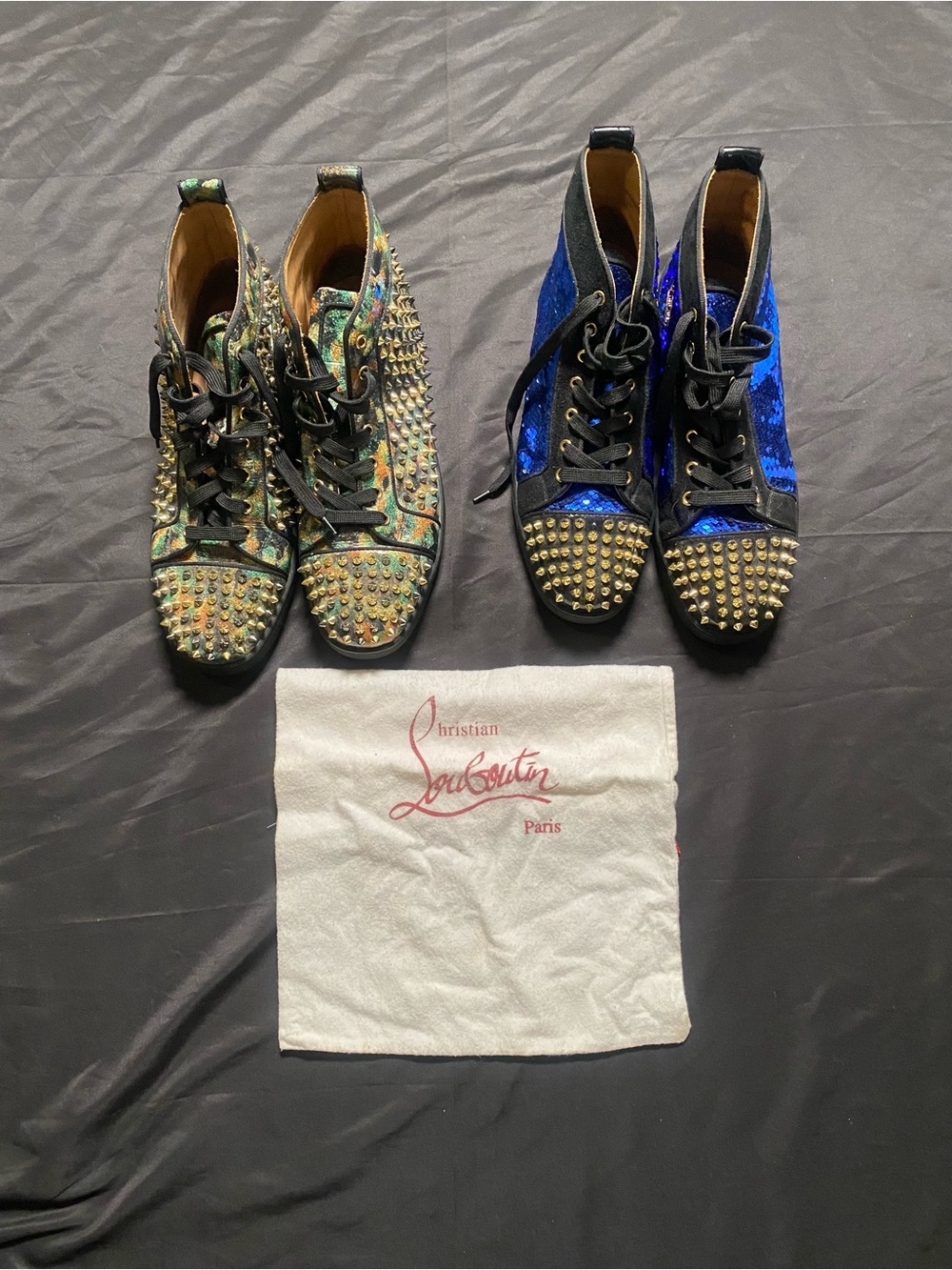 Christian Louboutin Kids Spiked High-Top Sneakers in Blue and Iridescent Green